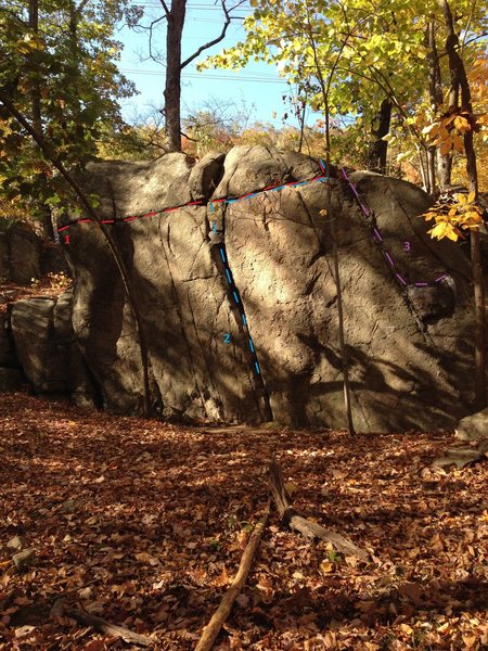 Oliphant Boulder. Contains 1. Legolas Attacks (V4), 2. Oliphant Crack (V2), and 3. Right Flank (V3).