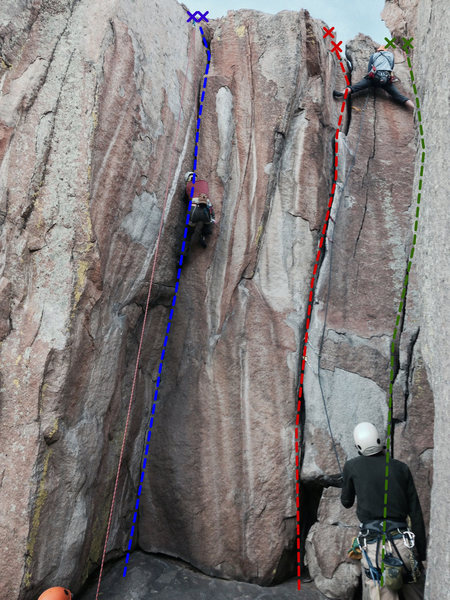 Blue Line: Cruise Control (5.10b)<br>
Red Line: Automatic Pilot (5.8)<br>
Green Line: Beginner's Lead (5.7) - starts on same face as other climbs