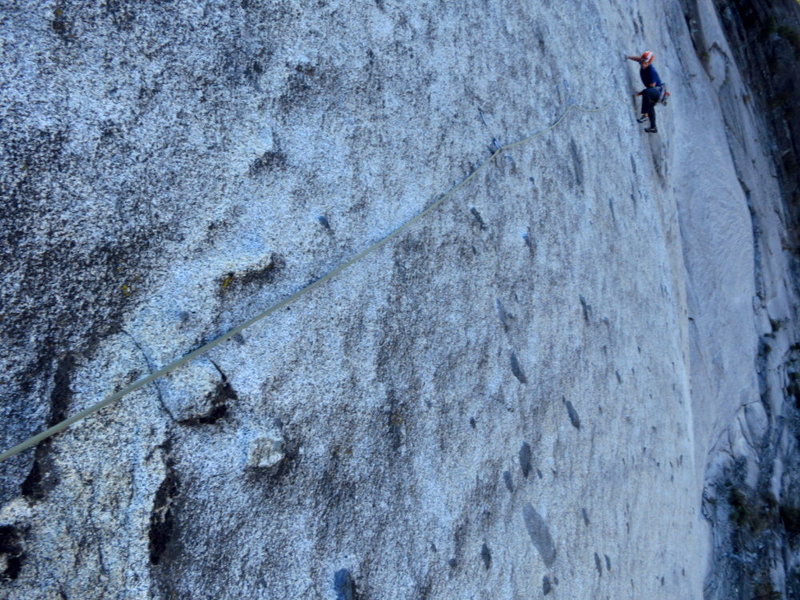 Perfect friction! Mac pastes his way across the P7 traverse. <br>
<br>
Photo: Corey Gargano