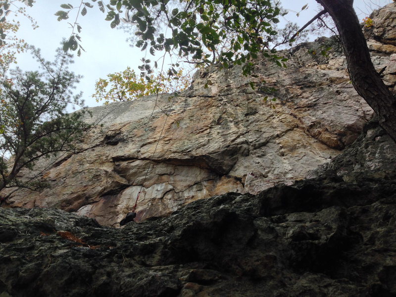 Where Eagles Dare is located where the left most black rope is. <br>
Force Ten (5.10c) is located where the right most black rope is. IMO - FT was much more stout than WED - but then again it is a totally different style of climbing