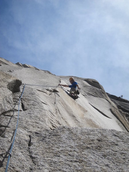 Luke on the first redpoint of the crux 5th pitch.