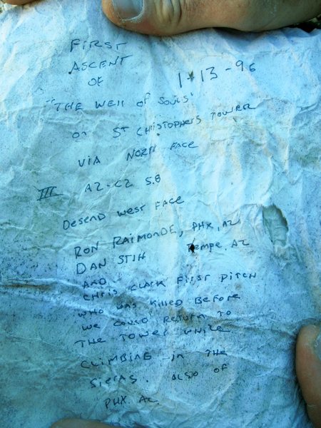 Original summit register, FA account of "The Well of Souls"