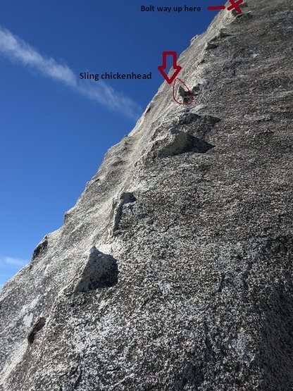 Looking up the second pitch. It's run-out with one chickenhead to sling. Then a bolt protects the crux before gear can be placed again.