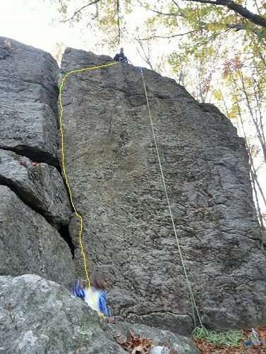 Follow the yellow line, use the anchors as shown by lime green rope.