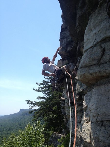 Mitch leading P2 of Belly Roll. Happy, fun, juggy exposed climbing all at a 5.3!
