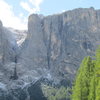 Northern ramparts of the Sella Group, with the prominent Exnerturm.