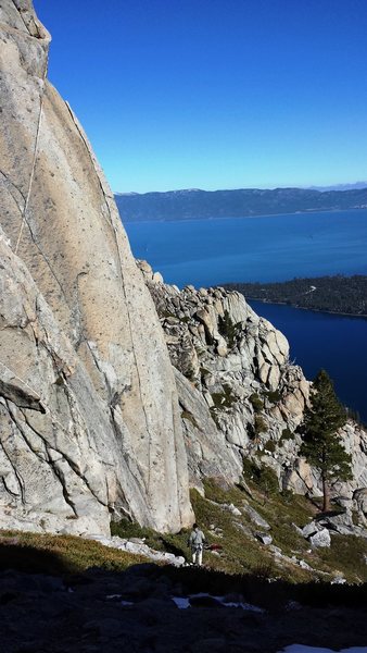 The whole first pitch, with climber in foreground for scale.