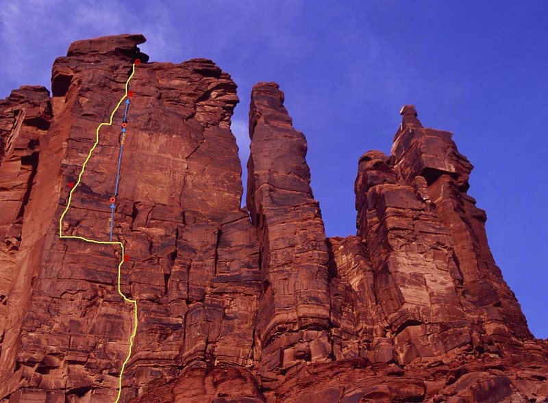 The route shown by the blue arrows might be a higher quality way to access pitch 4 and 5's stellar OW on 'Dolomite Wall'.