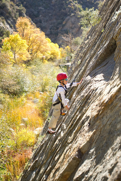 With beautiful Fall colors and perfect Fall temps, Bryson (age 6) enjoys Tree Route at Sespe Gorge.