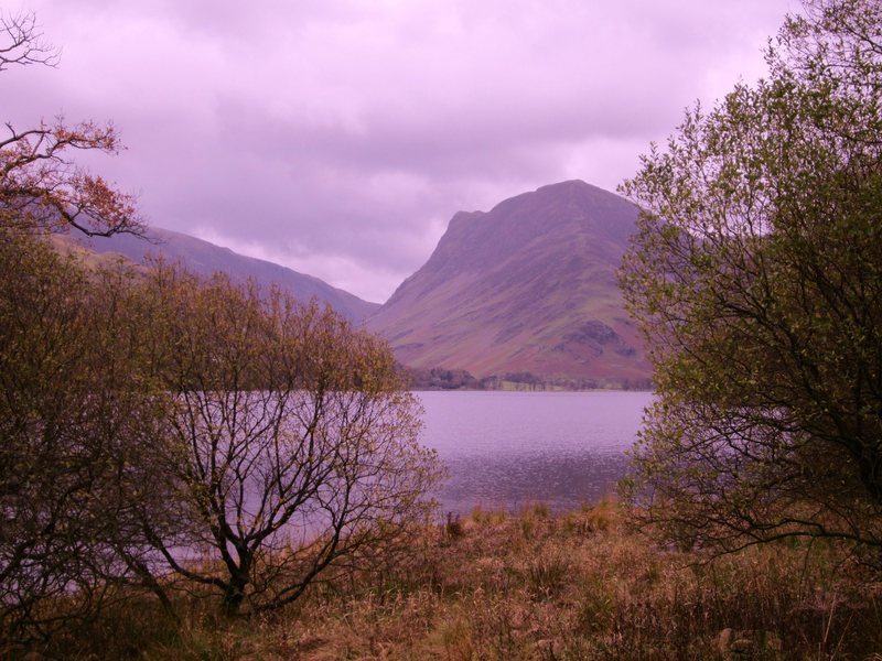 Looking across Buttermere Lake to Honister Crag. Fall day