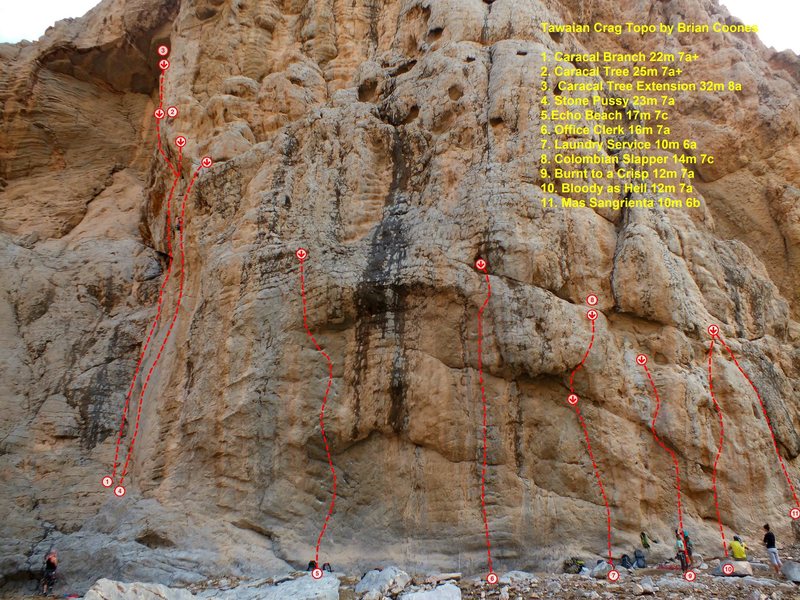 1. Caracal Branch 22m 7a+<br>
2. Caracal Tree 25m 7a+<br>
3. Caracal Tree Extension 32m 8a<br>
4. Stone Pussy 23m 7a<br>
5.Echo Beach 17m 7c<br>
6. Office Clerk 16m 7a<br>
7. Laundry Service 10m 6a<br>
8. Colombian Slapper 14m 7b+<br>
9. Burnt to a Crisp 12m 7a<br>
10. Bloody as Hell 12m 7a<br>
11. Mas Sangrienta 10m 6b