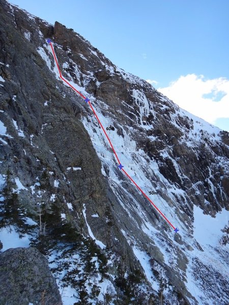 From walk-off descent, a better perspective on steepness of the route, and a 3 pitch option which worked well for us - WI3+ - 11/2013.