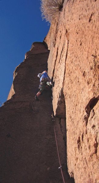 Keith looking for some holds<br>
at the crux 2nd pitch stems<br>
Buck Up (5.11+)