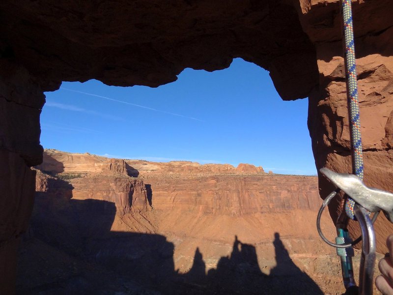 The view through the huge window while rappelling on Washer Woman. October 2013.