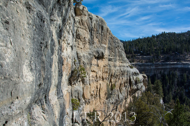 View of the Third Tier Wall. Routes in view are Spaceboy 5.10b TR, Fluffhead 5.11c, and Limeboy 5.12a