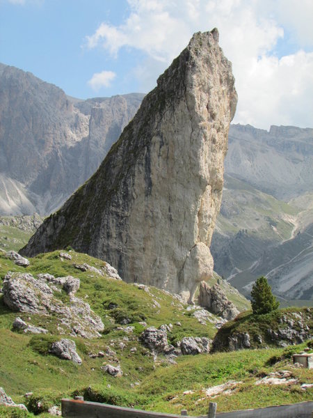 The rock spire "Piera Longia" near base of the Grosse Fermeda, complete with a 200' vertical and overhanging, UIAA Gr.VI face climb.