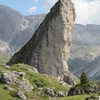 The rock spire "Piera Longia" near base of the Grosse Fermeda, complete with a 200' vertical and overhanging, UIAA Gr.VI face climb.