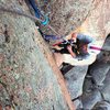 Eddie cleaning the final vertical section. DG's Nose. South Platte, CO.