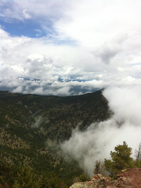 From the summit of Bear Peak. Cool cloud "eddy" due to the high winds visible.