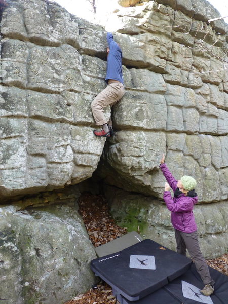 I was initially criticized for the use of face holds on the off width. My wife demanded I climb it again with better style.