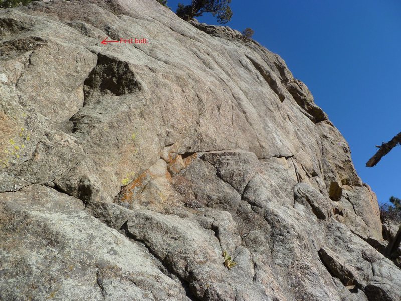 This photo shows the rock of the line to the right of the red "First bolt". That is the 1st bolt of Quick Work.