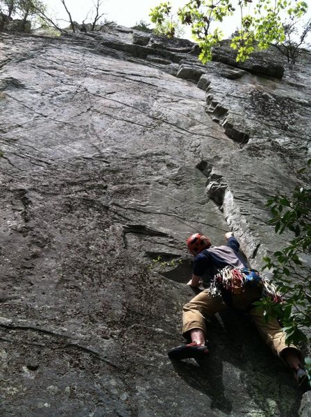 Climbing the initial corner of Finger Stinger, May 2013. Get a piece in here then a PG13/R section starts.