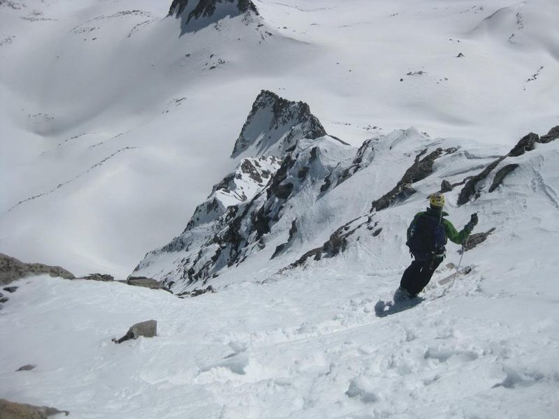 Moment of commitement - Jordan White in route to first winter ski descent of Cap - above the big cliffs - 2009.