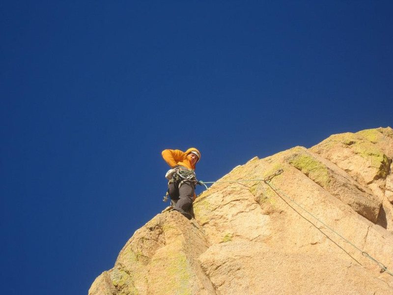 From the belay it is hard to see that there is a good section of slab at the top. Where I am is the starting of the slab.
