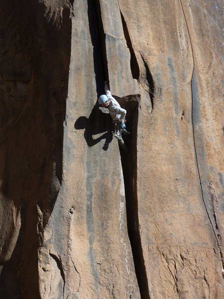 Aaron Miller exiting the crux roof on this excellent route.