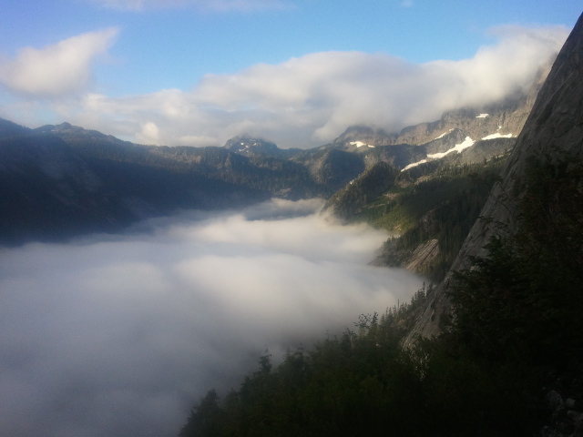 A interesting view of Illusion Wall's Right side and the foggy Squire Creek Valley below