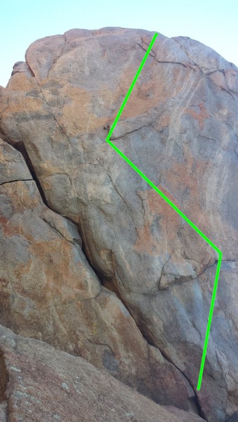 Strider is the 5.6 crack on the left, Strider Face is the 5.10b route drawn in green.