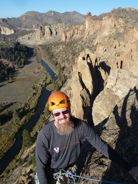 Topping out on Pitch 5 on Wherever I may Roam 5.9 (Smith Rocks, Oregon)