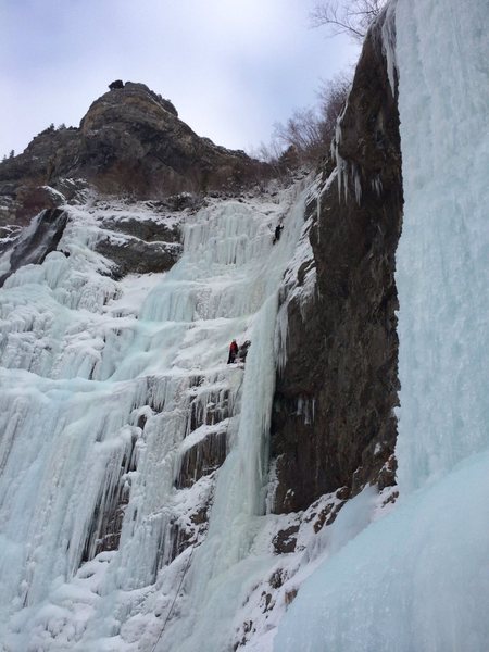 Bridal veil left on Saturday the 14th. Good ice, not a lot of water. Alright screw placement but helped to hack for it. Picture from the base of white nightmare that was getting double teamed that day and run laps on... Looked pretty haggered!