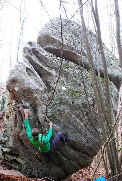 Brad Mathisen with his right hand on the start hold. FA of "Mother Mary"