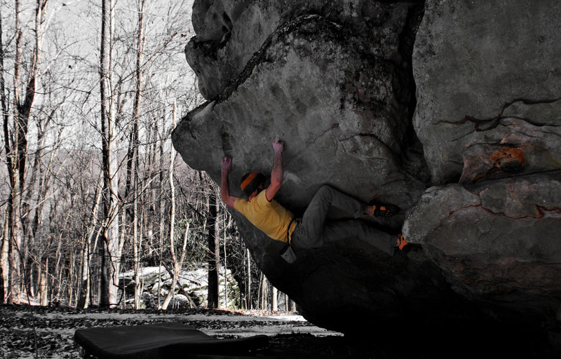 Aaron Parlier on the FA of King Coal (V9), Roadside Boulder