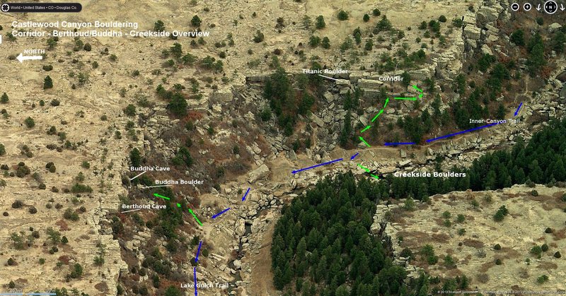 Overview of Corridor Area and other areas. <br>
<br>
Blue lines = established trails.<br>
Green lines = social trails (all well-established in this section of the park).