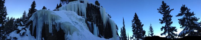 Upper ice tier of Chaos Creek crag with a well formed 8m pillar far right - Speed Skating, WI5 - 12/26/2013.