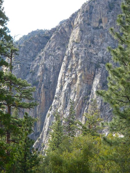 Follows the sunlit buttress up the middle of the photo.