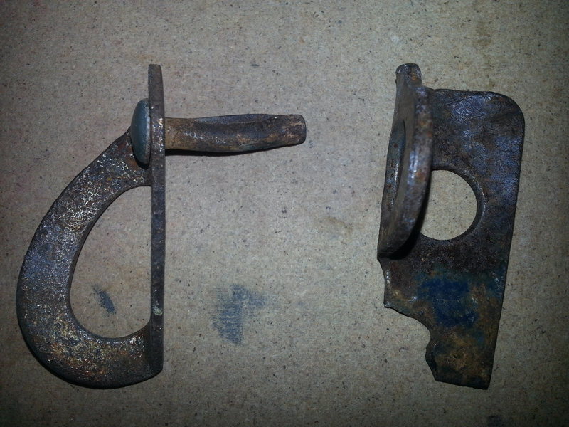 Some of the older fixed pro on P-1. The pin is definitely not an original but it still broke with only a tap or two as it was being removed. A single bolt (#2) was used to replace these two pieces (summer of 2013).