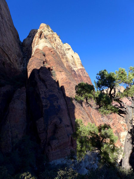 the E Arete; unless you like vegetated runout climbing you'll want to head up the gully a short ways before gaining the ridge