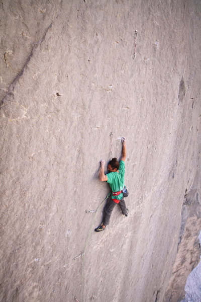 Lonnie Kauk, (the First Ascencionist; thanks to Todd Graham for bolting ) "Holey Wars", 13b/c at the Mothership Cliff, ORG.  