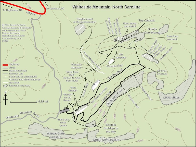 To the best of my knowledge, complete beta for the available ice climbing at Whiteside Mountain, NC. Feel free to contact me with additions/corrections.