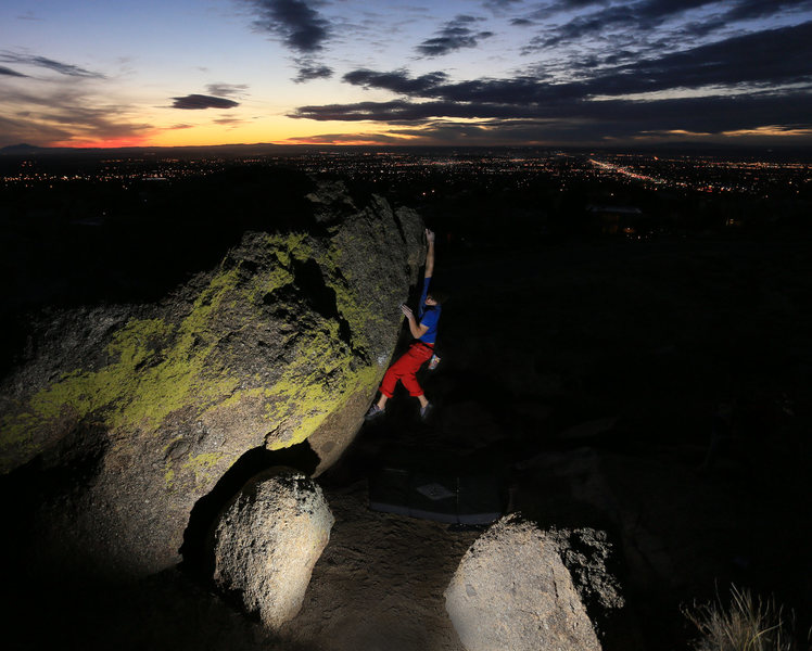 Bouldering against the Abq city lights at sunset.<br>
<br>
Climbing: Jarred Cleerdin<br>
Photo By: Jeremy Gallegos