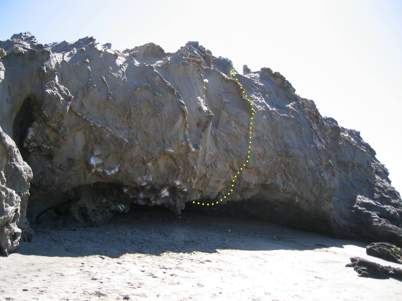 Paper Boy starts towards the back of the cave. Start holds should be obvious as they are usually covered with chalk.