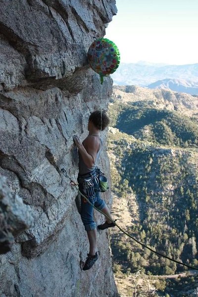 Elisa "Nubsi" Phillips climbing "Birthday Girl" on her birthday.  Birthday baloon & Photo provided by Anya Sobolevs'ka.