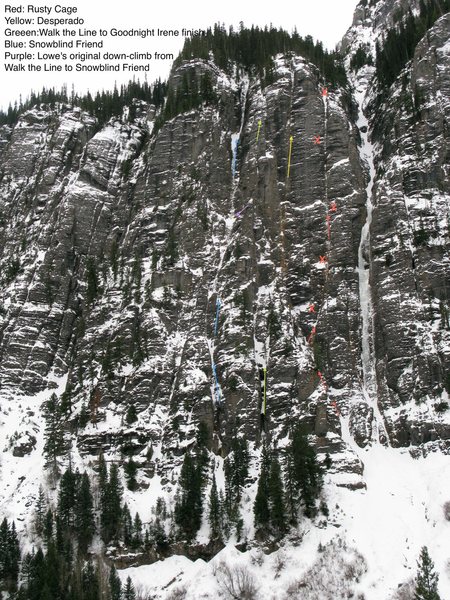 Rusty Cage route. X represent 2-bolt (all-stainless hardware) anchors rigged for rappelling. Anchors may be hidden under snow-mushrooms, especially the third.