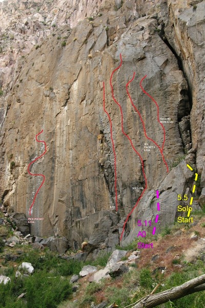 Topo of routes added to Euan Cameron's excellent photo.