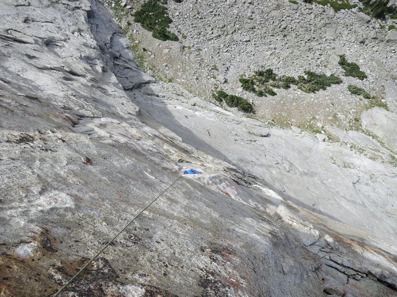 Looking down the 2nd crux pitch