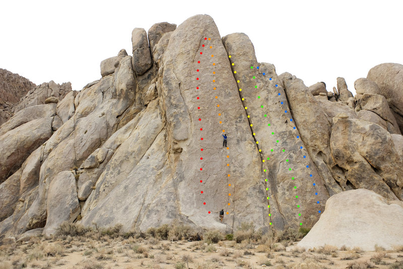 Route topo for the Tall Wall, Alabama Hills.<br>
<br>
Red: Rotten Bananas (5.7)<br>
Orange: Bananarama (5.8)<br>
Yellow: Banana Split (5.9)<br>
Green: Tall T (5.10b)<br>
Blue: Spur (5.7)