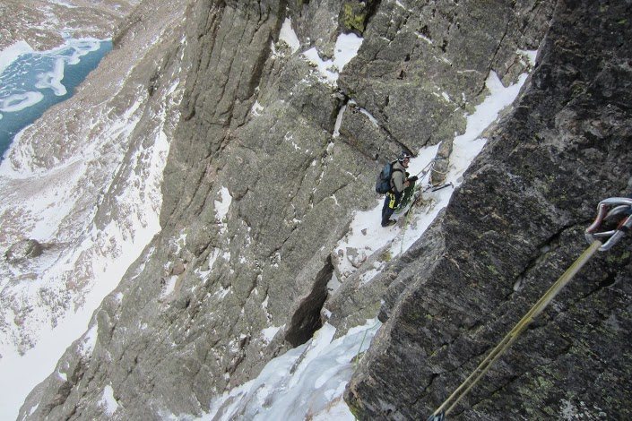 Getting set to rap. Chasm Lake below, light snow moving in . . .